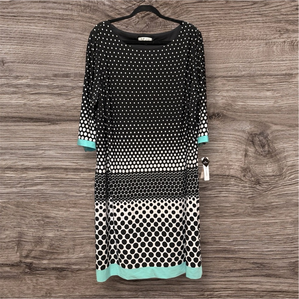 Sandra Darren Black and White Polka Dot Dress with Aqua Trim